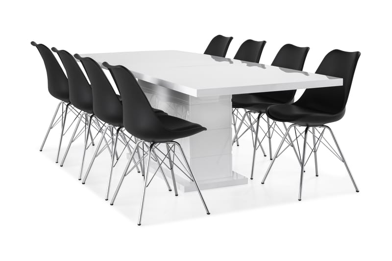 Ratliff Forlengningsbar Spisegruppe 200 cm med 8 Shell Stol - Hvit/Svart PU/Krom - Møbler - Bord - Spisegrupper