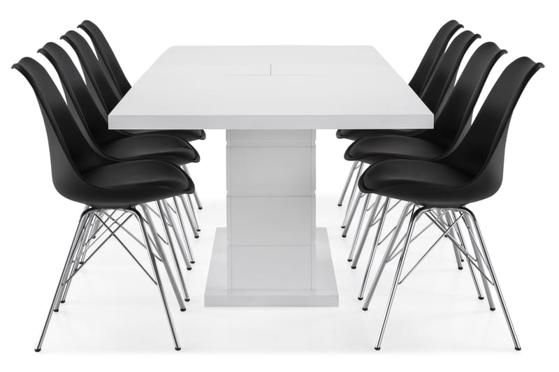 Ratliff Forlengningsbar Spisegruppe 200 cm med 8 Shell Stol - Hvit/Svart PU/Krom - Møbler - Bord - Spisegrupper