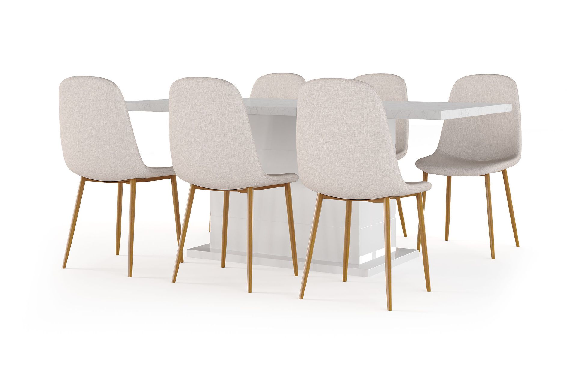 Ratliff Spisebord 180 cm Uttrekkbart med ileggsplate + 6 stk Nibe stol beige med eikeben - Hvit/Beige