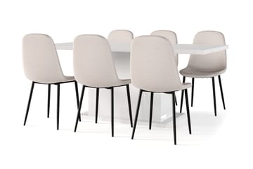 Ratliff Spisebord 180 cm Uttrekkbart med ileggsplate + 6 stk Nibe stol beige med svarte ben - Hvit/Beige - Møbler - Bord - Spisegrupper