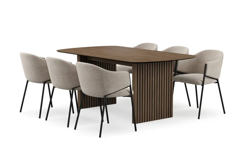 Richeto spisebord 180 cm med 6 Filip spisestoler, Røkt eik / taupe bouclé