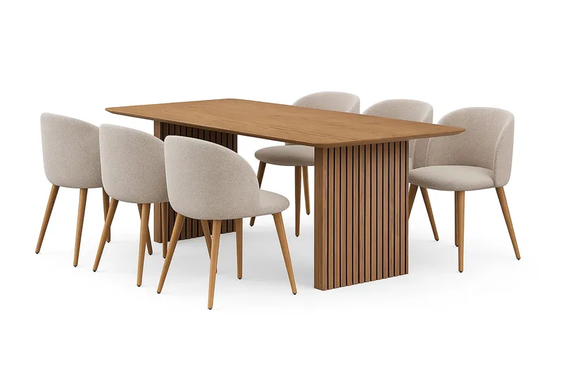 Richeto spisebord 180 cm med 6 Greya spisestoler med armlener, Naturlig finish / Greige bouclé / metallben eik