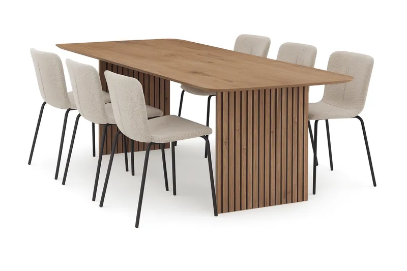Richeto spisebord 180 cm med 6 Katy spisestoler, Naturlig finish / Greige bouclé / Metallben svart