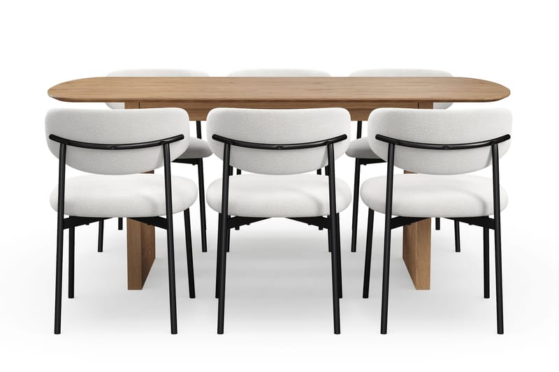 Richeto spisebord 180 cm med 6 Lucy spisestoler - Naturlig finish / hvit bouclé / metallben svart - Møbler - Bord - Spisegrupper