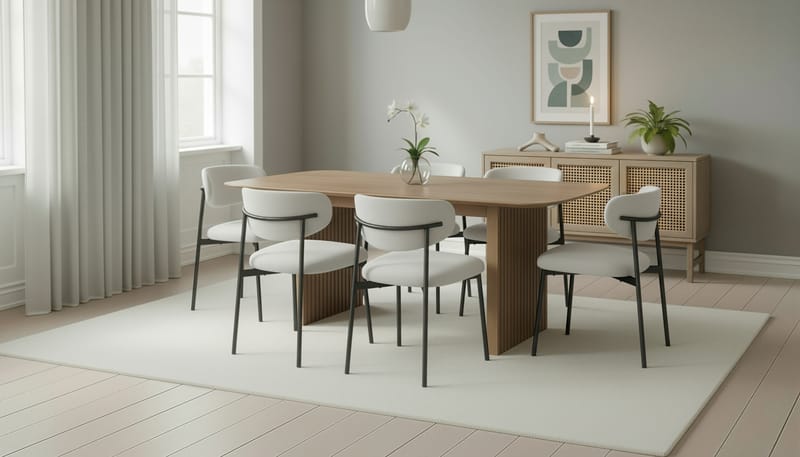 Richeto spisebord 180 cm med 6 Lucy spisestoler - Naturlig finish / hvit bouclé / metallben svart - Møbler - Bord - Spisegrupper