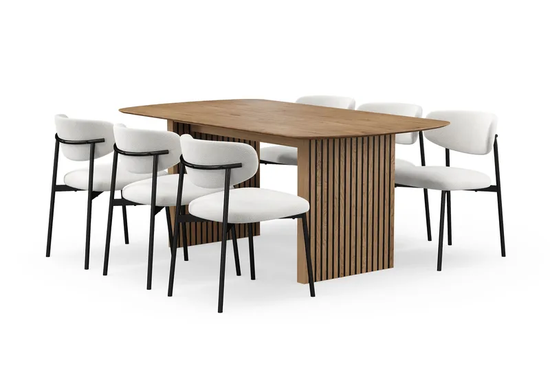 Richeto spisebord 180 cm med 6 Lucy spisestoler, Naturlig finish / hvit bouclé / metallben svart