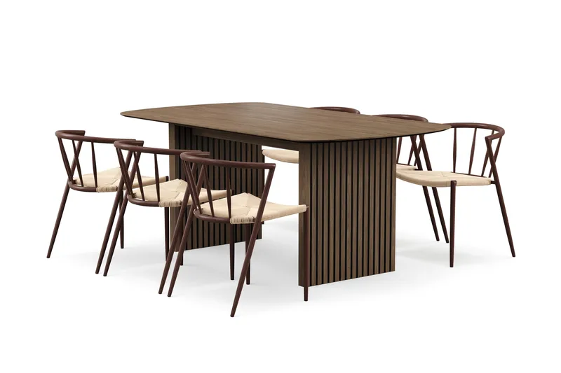 Richeto spisebord 180 cm med 6 Winston spisestoler, Røkt eik / Beige / Metallben røkt eik