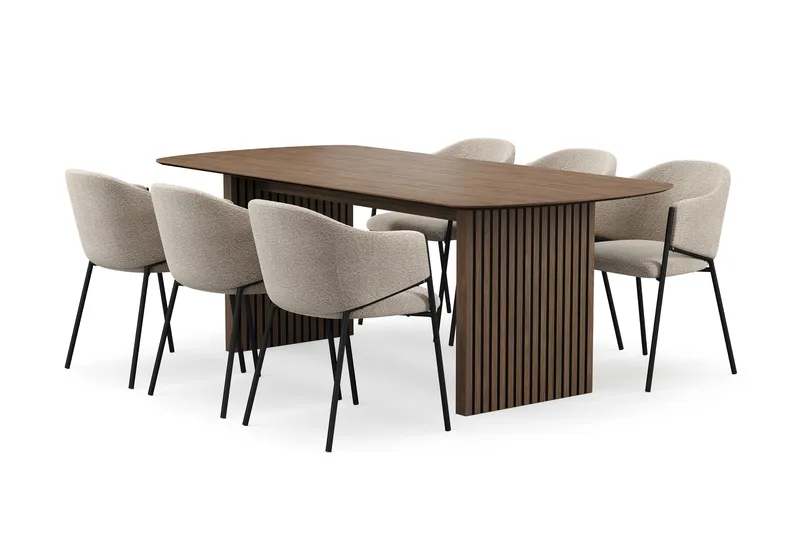 Richeto spisebord 210 cm med 6 Filip spisestoler, Røkt eik / taupe bouclé