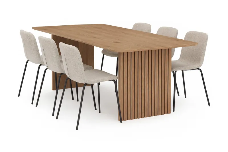 Richeto spisebord 210 cm med 6 Katy spisestoler, Naturlig finish / Greige bouclé / Metallben svart