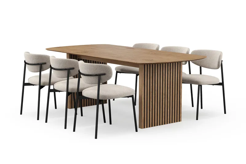 Richeto spisebord 210 cm med 6 Lucy spisestoler, Naturlig finish / Greige bouclé / Metallben svart