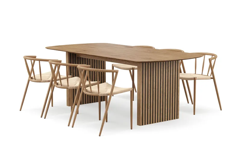Richeto spisebord 210 cm med 6 Winston spisestoler, Naturlig finish / Beige / Metallben eik