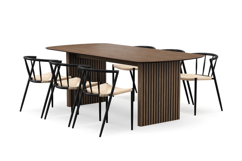Richeto spisebord 210 cm med 6 Winston spisestoler, Røkt eik / Beige / Metallben svart