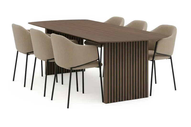 Richeto spisebord 240 cm med 6 Filip spisestoler, Røkt eik / taupe bouclé