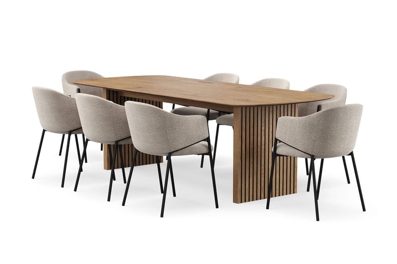 Richeto spisebord 240 cm med 8 Filip spisestoler, Naturlig finish / taupe bouclé