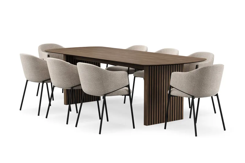 Richeto spisebord 240 cm med 8 Filip spisestoler, Røkt eik / taupe bouclé