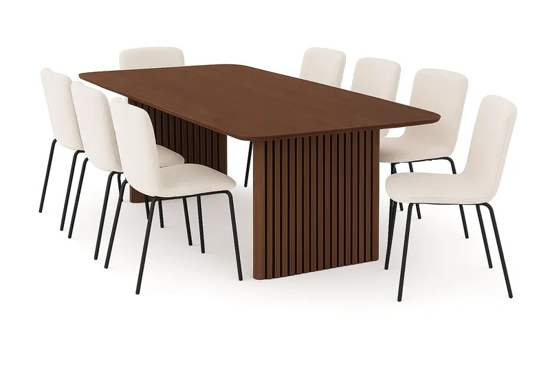Richeto spisebord 240 cm med 8 Katy spisestoler, Røkt eik / hvit bouclé
