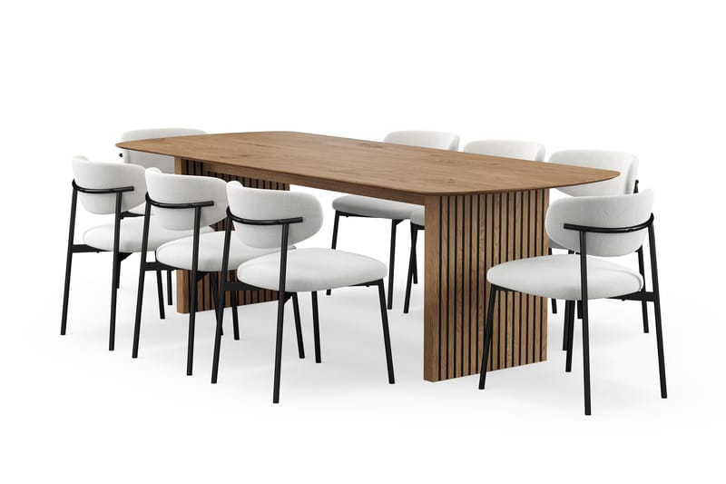 Richeto spisebord 240 cm med 8 Lucy spisestoler, Naturlig finish / hvit bouclé / metallben svart