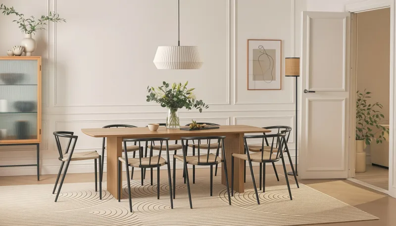 Richeto spisebord 240 cm med 8 Winston spisestoler - Naturlig finish / Beige / Metallben svart - Møbler - Bord - Spisegrupper