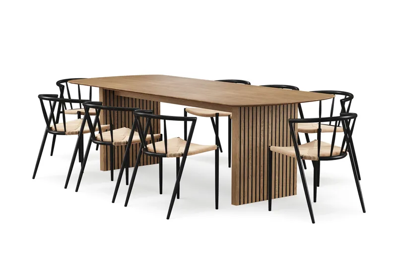 Richeto spisebord 240 cm med 8 Winston spisestoler, Naturlig finish / Beige / Metallben svart