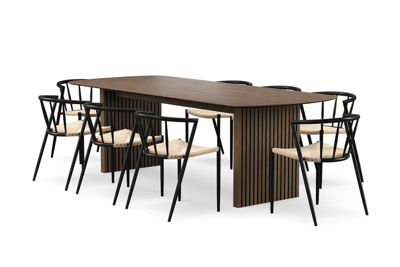 Richeto spisebord 240 cm med 8 Winston spisestoler, Røkt eik / Beige / Metallben svart