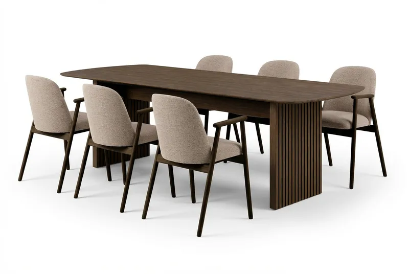 Richeto spisebord røkt eik 240 cm med 6 Reciclar spisestoler, Røkt eik/greige