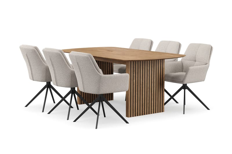 Richeto spisegruppe 180 cm med 6 Torsby snurrestoler, Naturlig finish/mørkbeige