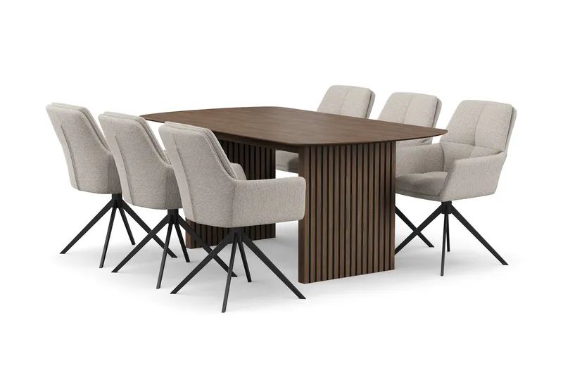 Richeto spisegruppe 180 cm med 6 Torsby snurrestoler, Røkt eik/mørkbeige
