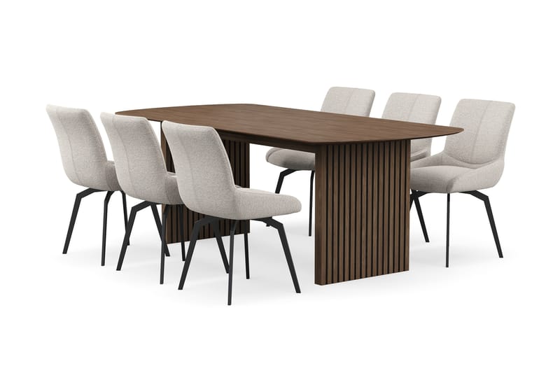 Richeto spisegruppe røkt eik 210 cm med 6 Mora snurrestoler, Røkt eik/mørkbeige