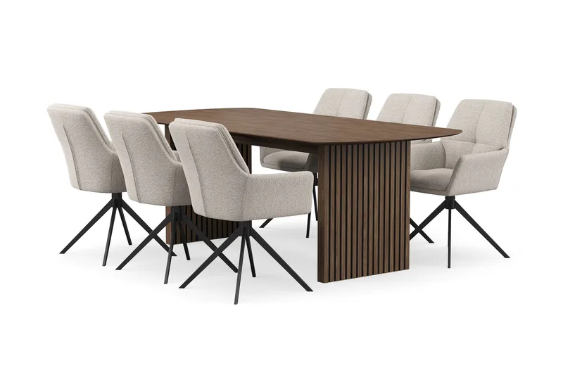 Richeto spisegruppe røkt eik 210 cm med 6 Torsby snurrestoler, Røkt eik/mørkbeige