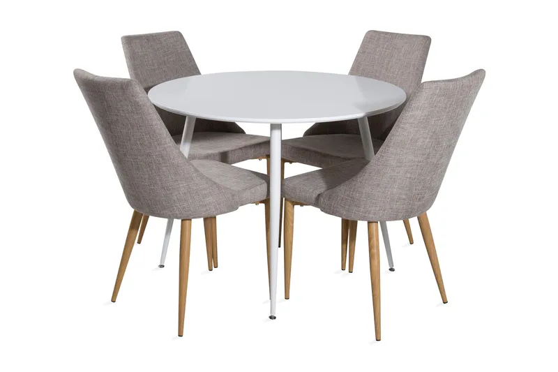 Ridones Spisegruppe 100 cm Rund inkl. 4 Ludvig Stoler, Hvit/Lysegrå/Eik