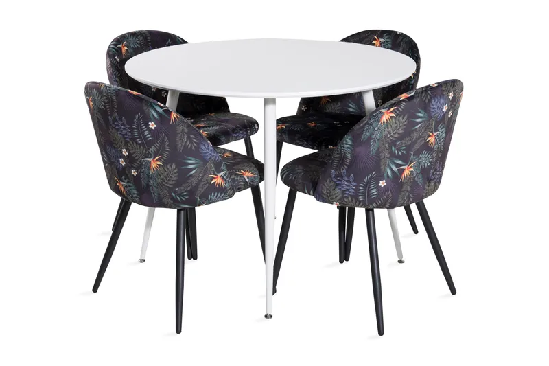 Ridones Spisegruppe 100 cm Rund inkl. 4 Sedavi Stoler, Hvit/Blå/Svart
