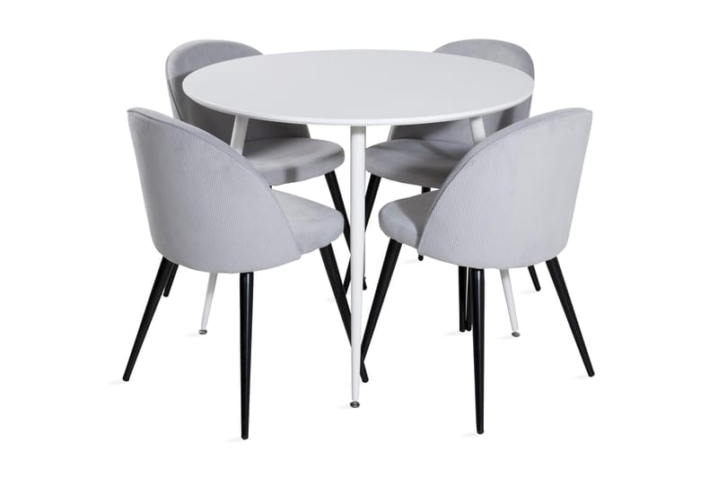 Ridones Spisegruppe 100 cm Rund inkl. 4 Valeri Cordfløyelsto, Hvit/Grå