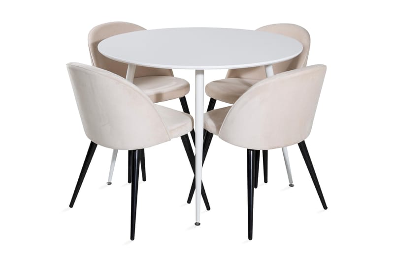 Ridones Spisegruppe 100 cm Rund inkl. 4 Valeri Fløyelsstoler - Hvit/Beige - Møbler - Bord - Spisegrupper