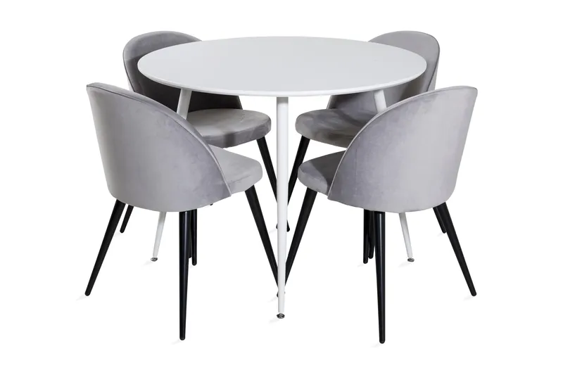 Ridones Spisegruppe 100 cm Rund inkl. 4 Valerie Fløyelsstole, Hvit/Lysegrå