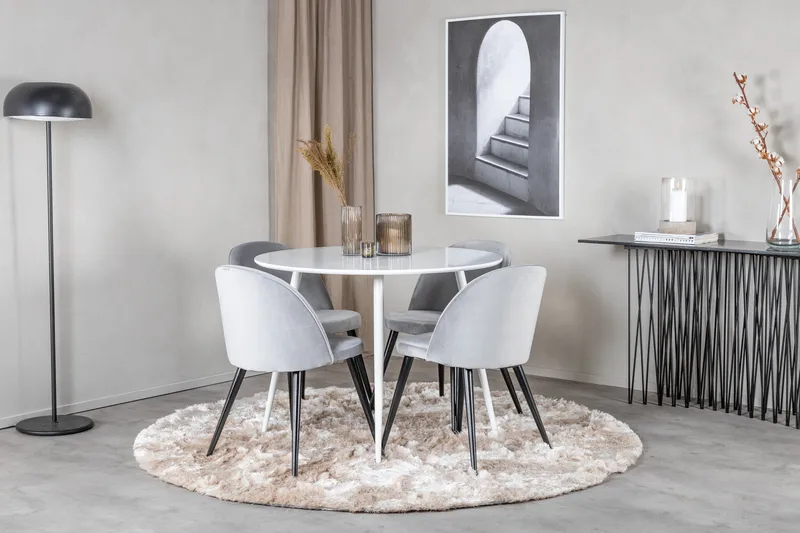 Ridones Spisegruppe 100 cm Rund inkl. 4 Valerie Fløyelsstole - Hvit/Lysegrå - Møbler - Bord - Spisegrupper