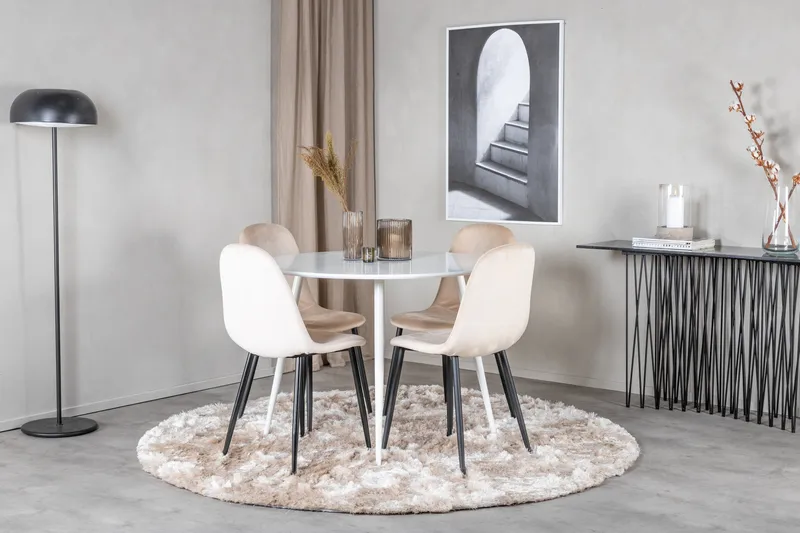 Ridones Spisegruppe 100 cm Rund inkl. 4 Pontus Stoler - Hvit/Svart/Beige - Møbler - Bord - Spisegrupper