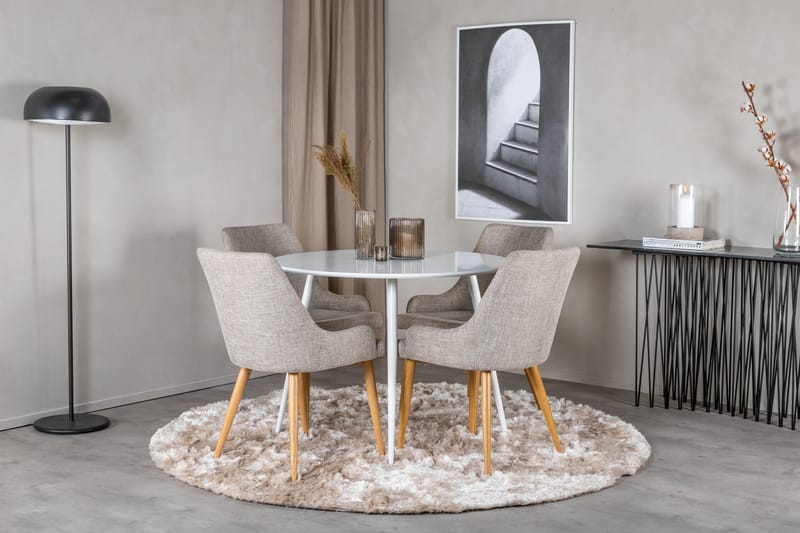 Ridones Spisegruppe 100 cm Rund inkl. 4 Pelle Stoler - Hvit/Lysegrå/Eik - Møbler - Bord - Spisegrupper