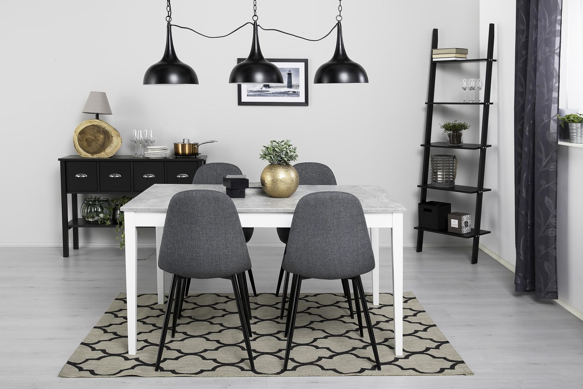Romeo Spisegruppe 140 cm Betong med 4 Nibe Stoler - Hvit/Grå/Svart - Møbler - Bord - Spisegrupper