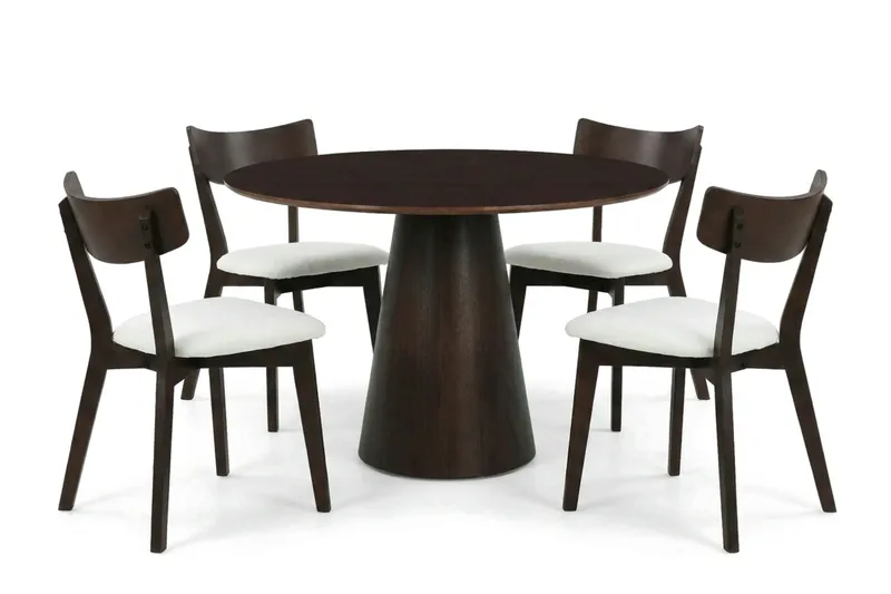 Siena spisegruppe 110 cm rund i røkt eik med 4 Amelia spisestoler med pute, Røkt eik/Beige
