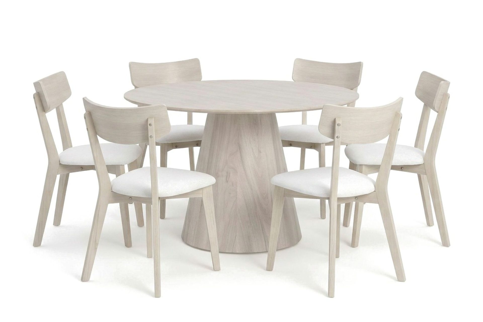 Siena spisegruppe 130 cm rund hvitlasert med 6 Amelia spisestoler med pute - Hvitlasert/Beige