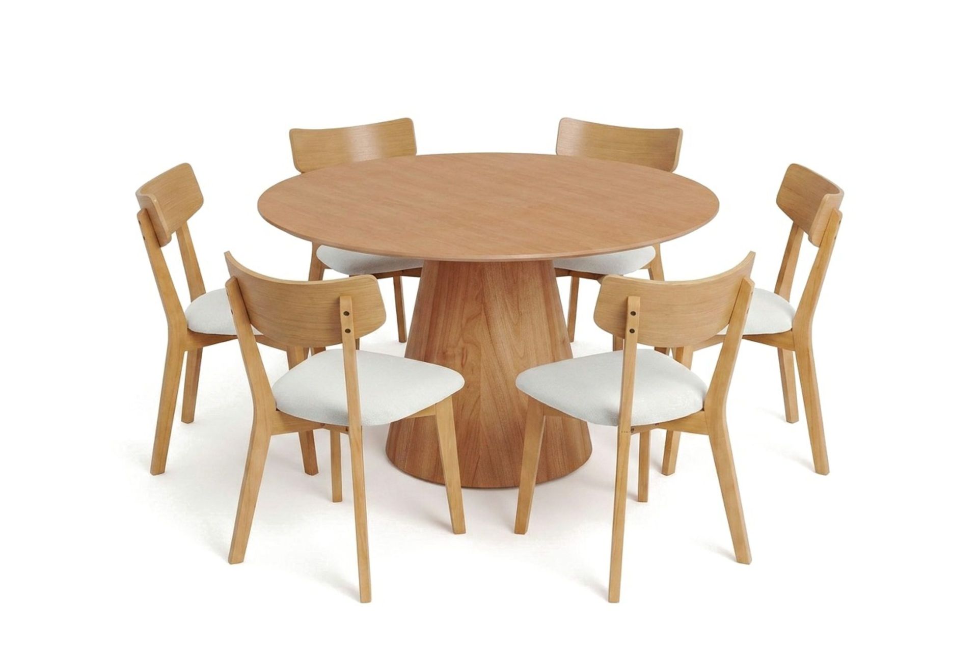 Siena spisegruppe 130 cm rund i eik med 6 Amelia spisestoler med pute - Eik/Beige