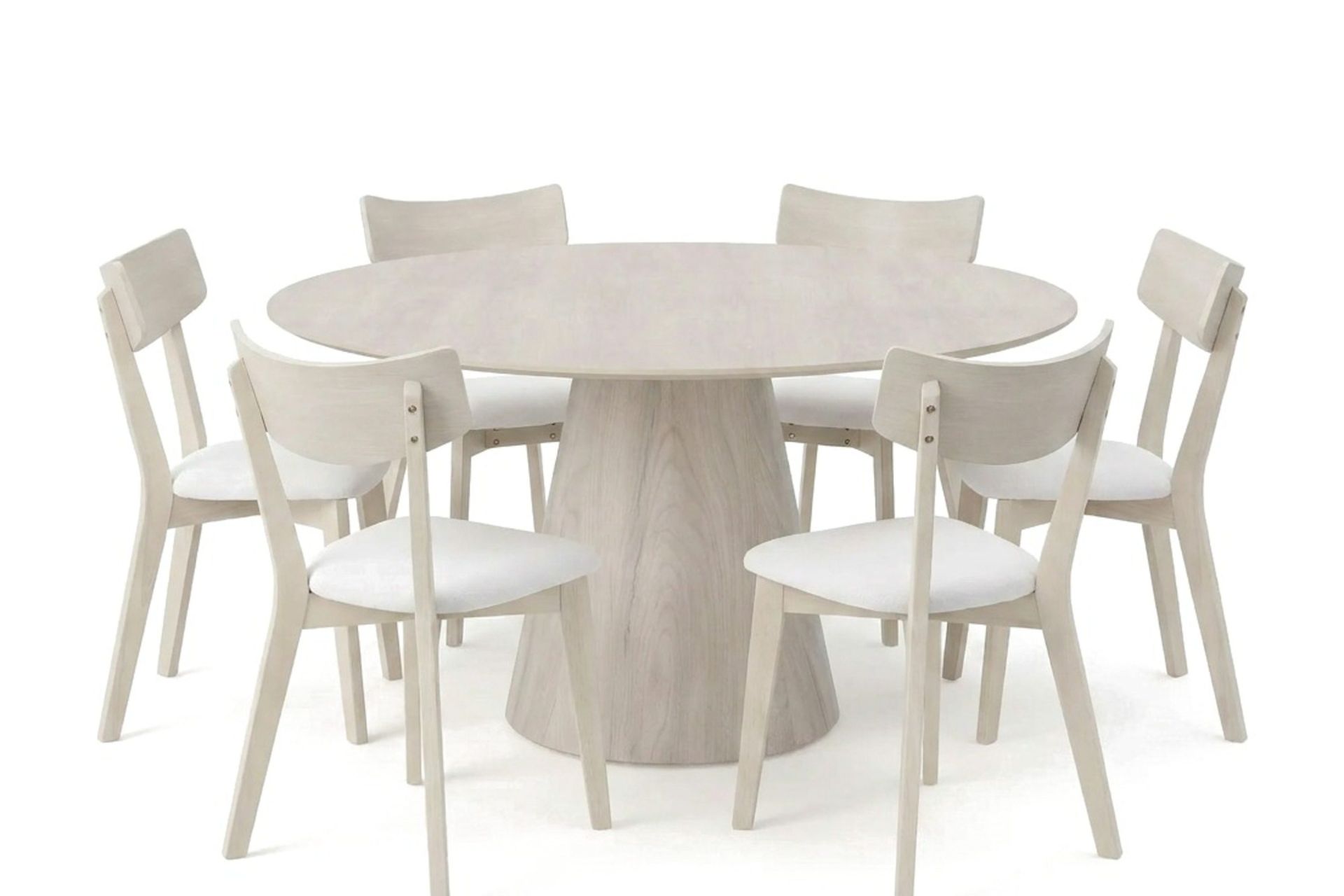 Siena spisegruppe 150 cm rund hvitlasert med 6 Amelia spisestoler med pute - Hvitlasert/Beige