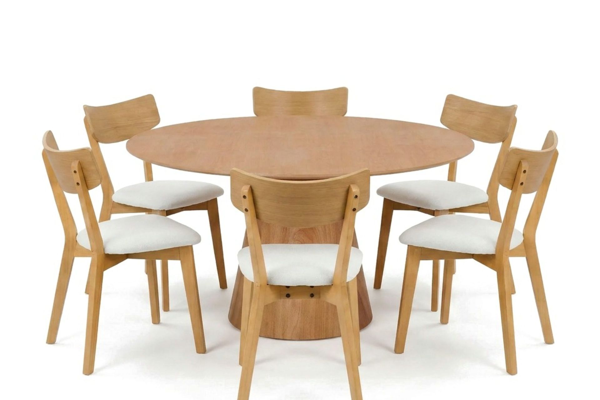 Siena spisegruppe 150 cm rund i eik med 6 Amelia spisestoler med pute - Eik/Beige