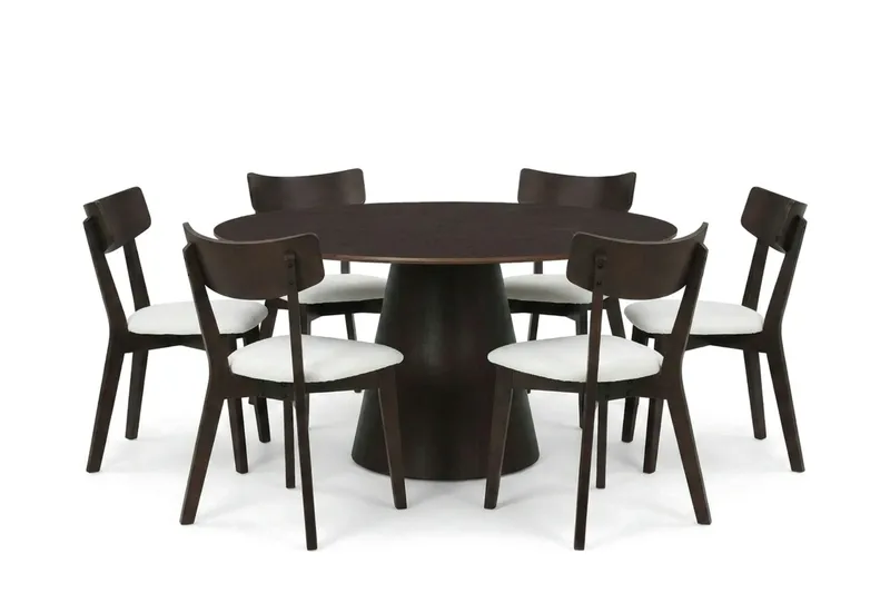 Siena spisegruppe 150 cm rund i røkt eik med 6 Amelia spisestoler med pute, Røkt eik/Beige