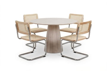 Siena spisegruppe rund 110 cm hvitlasert med 4 Build spisestoler - Hvitlasert/natur/krom - Møbler - Bord - Spisegrupper
