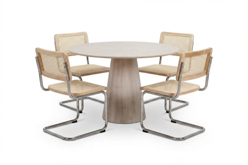 Siena spisegruppe rund 110 cm hvitlasert med 4 Build spisestoler - Hvitlasert/natur/krom - Møbler - Bord - Spisegrupper