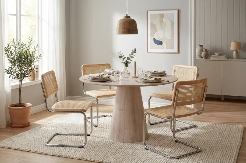 Siena spisegruppe rund 110 cm hvitlasert med 4 Build spisestoler - Hvitlasert/natur/krom - Møbler - Bord - Spisegrupper