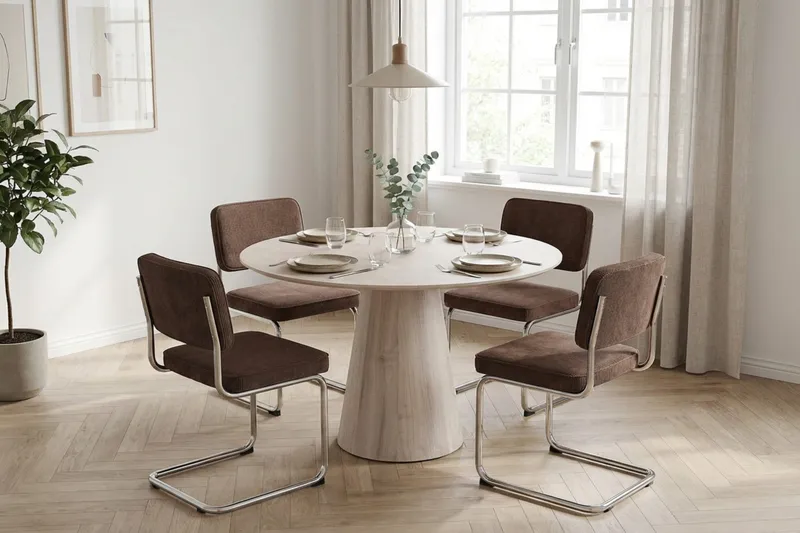 Siena spisegruppe rund 110 cm hvitlasert med 4 Milva spisestoler - Hvitlasert/Brun/krom - Møbler - Bord - Spisegrupper