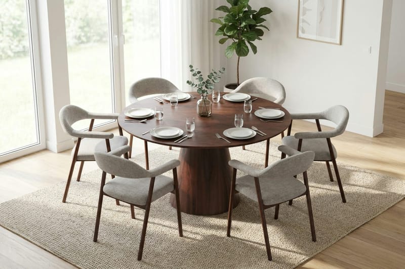 Siena spisegruppe rund 130 cm valnøtt med 4 Ronja spisestoler - Sand/valnøtt - Møbler - Bord - Spisegrupper