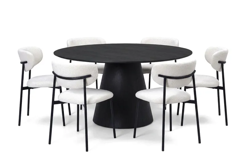 Siena spisegruppe rund 150 cm svart med 6 Lucy spisestoler - Svart - Møbler - Bord - Spisegrupper